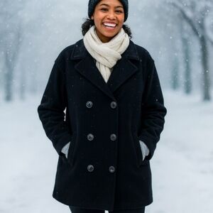 J. Crew Women's Loger Length Wool Black Double-Breasted Coat